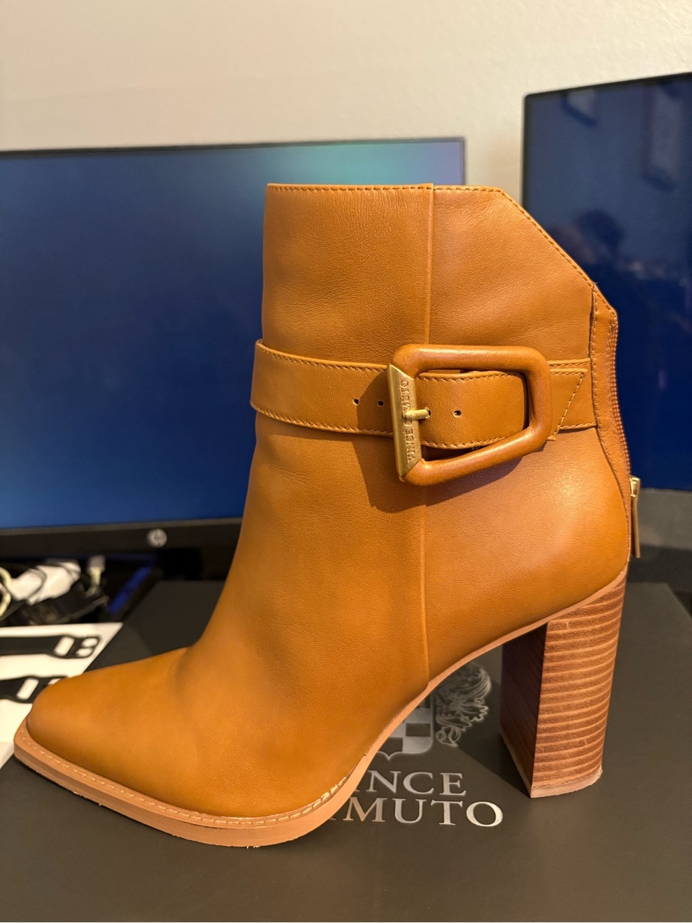 Vince Camuto Cognac Leather Buckle Block Heel Ankle Boot